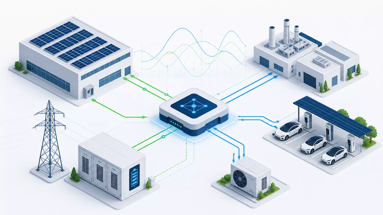 Vernetztes Energiesystem eines Unternehmens mit Photovoltaik, Windkraft, Batteriespeicher und steuerbaren Verbrauchern Vernetztes Energiesystem eines Unternehmens mit Photovoltaik, Windkraft, Batteriespeicher und steuerbaren Verbrauchern