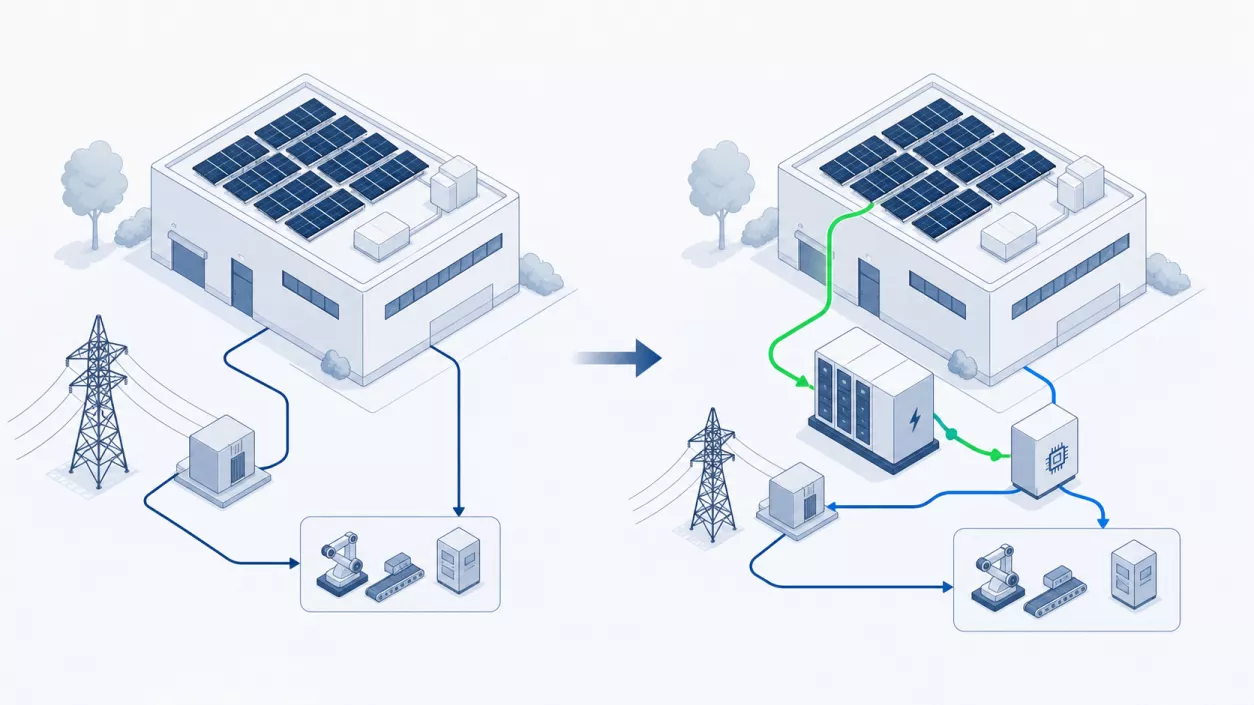 Bestehende Photovoltaikanlage eines Gewerbebetriebs, ergänzt um einen Batteriespeicher und intelligentes Energiemanagement Bestehende Photovoltaikanlage eines Gewerbebetriebs, ergänzt um einen Batteriespeicher und intelligentes Energiemanagement